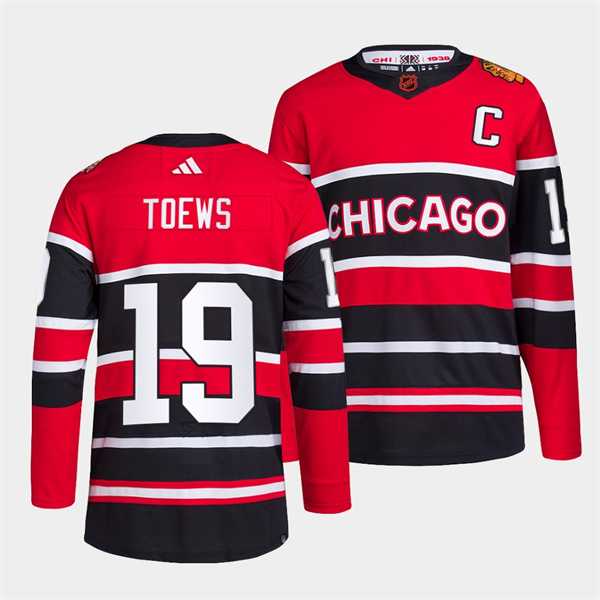 Men%27s Chicago Blackhawks #19 Jonathan Toews Red Black 2022 Reverse Retro Stitched Jersey Dzhi->chicago blackhawks->NHL Jersey